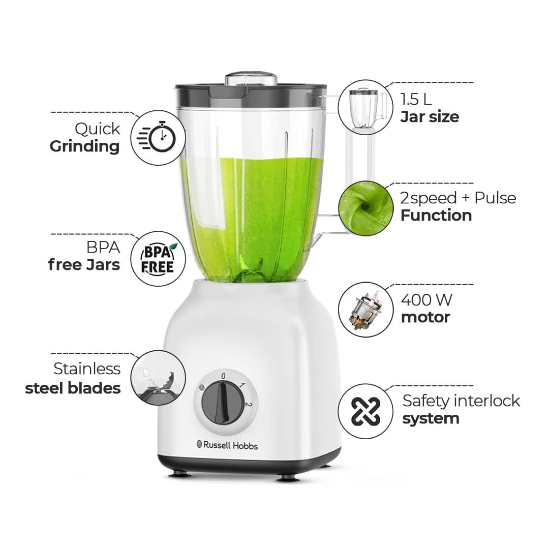 Russell Hobbs 400W 3 in 1 Blender, Grinder & Multi Chopper Mill, 1.5L Smoothie Maker راسل هوبز خلاط 400 واط 3 في 1، مطحنة ومفرمة متعددة، صانع سموثي 1.5 لتر، Russell Hobbs 400W 3 in 1 Blender, Grinder & Multi Chopper Mill, 1.5L Smoothie Maker راسل هوبز خلاط 400 واط 3 في 1، مطحنة ومفرمة متعددة، صانع سموثي 1.5 لتر،